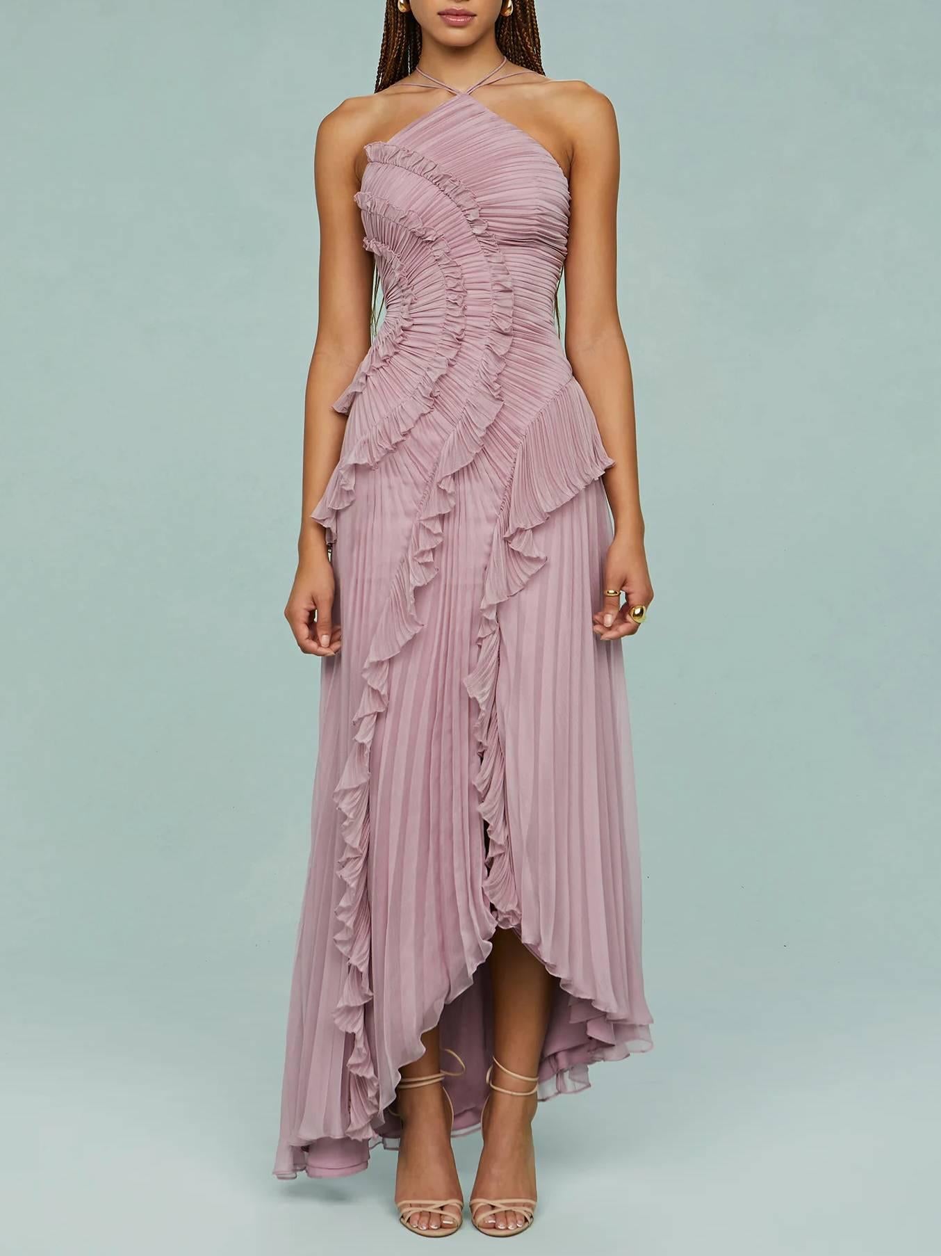 Aurohaya Halter Neck Pleated Backless Dress