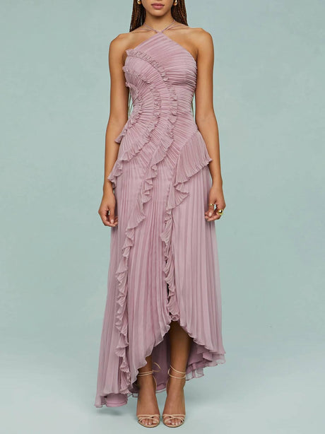 Aurohaya Halter Neck Pleated Backless Dress