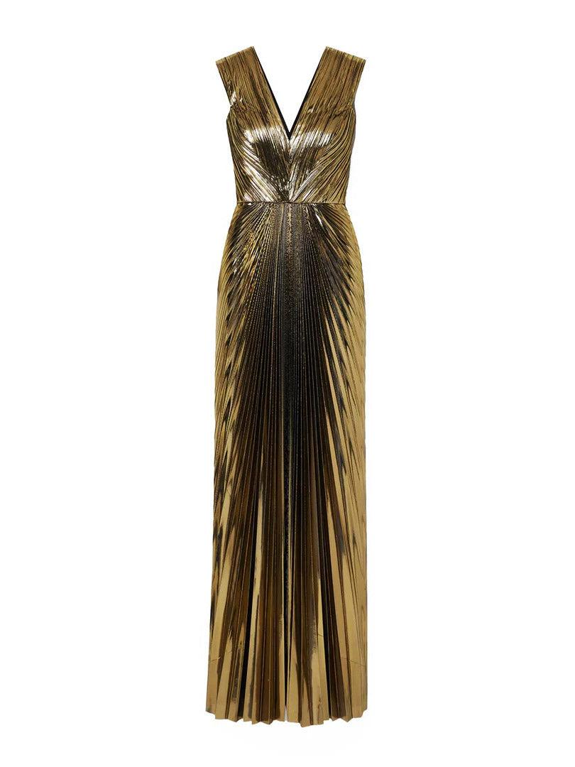 Aurohaya Elegant V-neck Gold Painted Pleated Maxi Dress