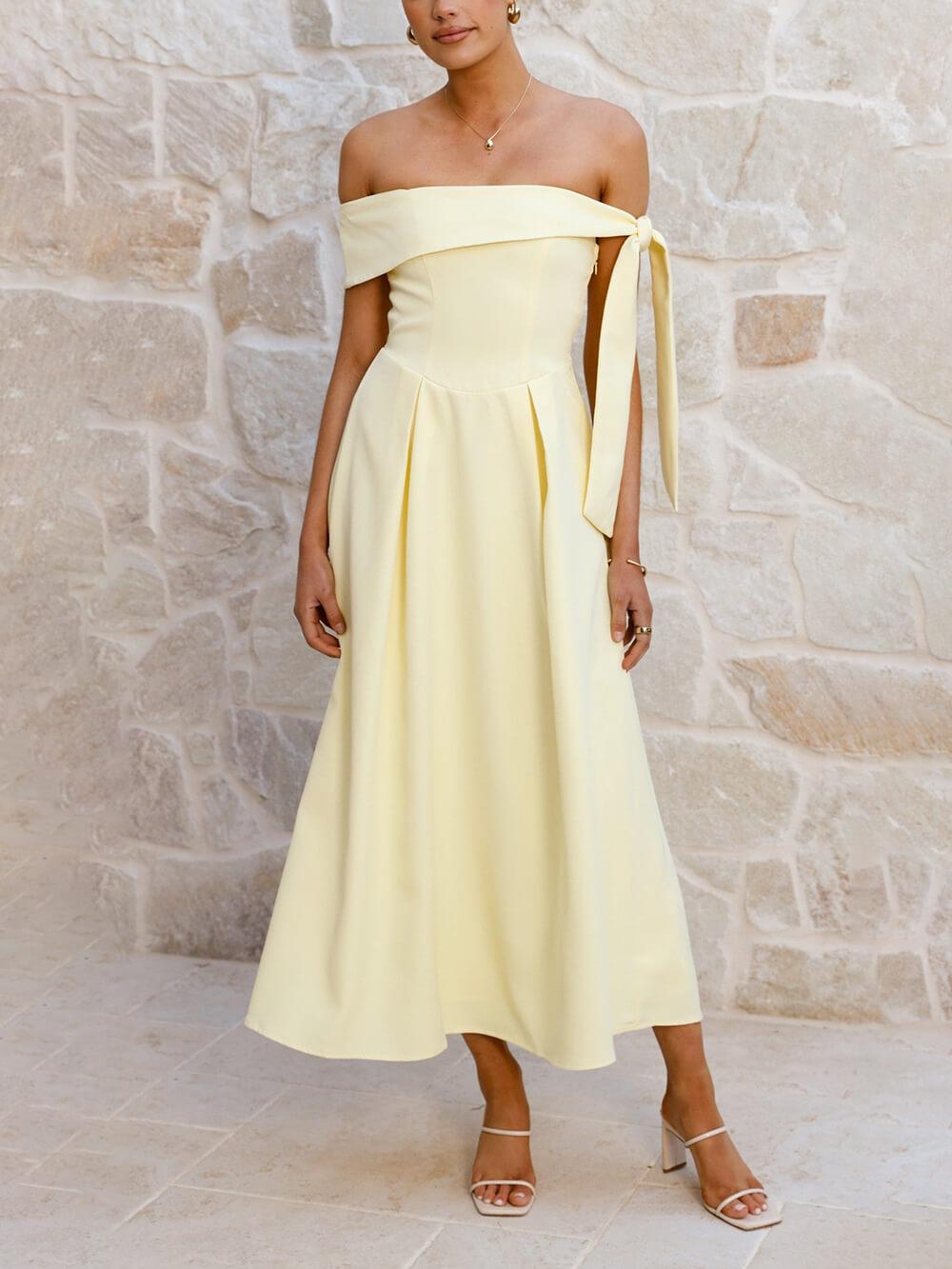 Aurohaya Elegant Off-Shoulder Tie Ruched Midi Dress Yellow