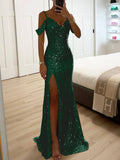 Elegant V-Neck Sequin Side-Slit Sleeveless Gown Maxi Dress