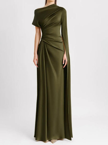 Aurohaya Elegant Irregular-sleeve Pleated Satin Maxi Dress Green