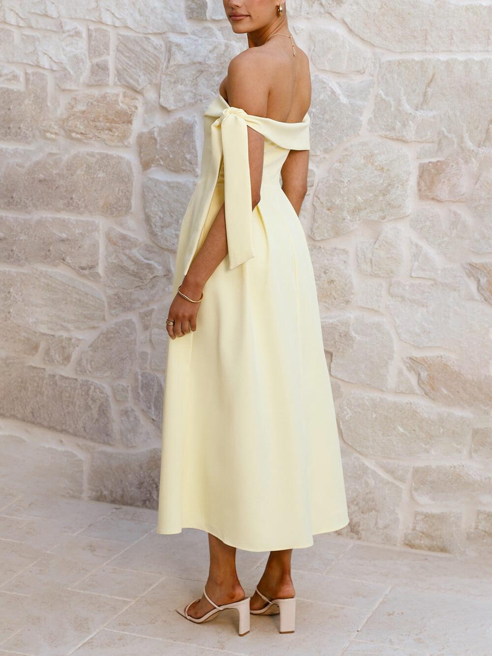 Aurohaya Elegant Off-Shoulder Tie Ruched Midi Dress