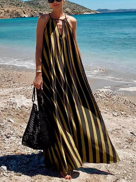 Aurohaya Summer Casual Contrast Stripe Print Lace-Up Holiday Maxi Dress