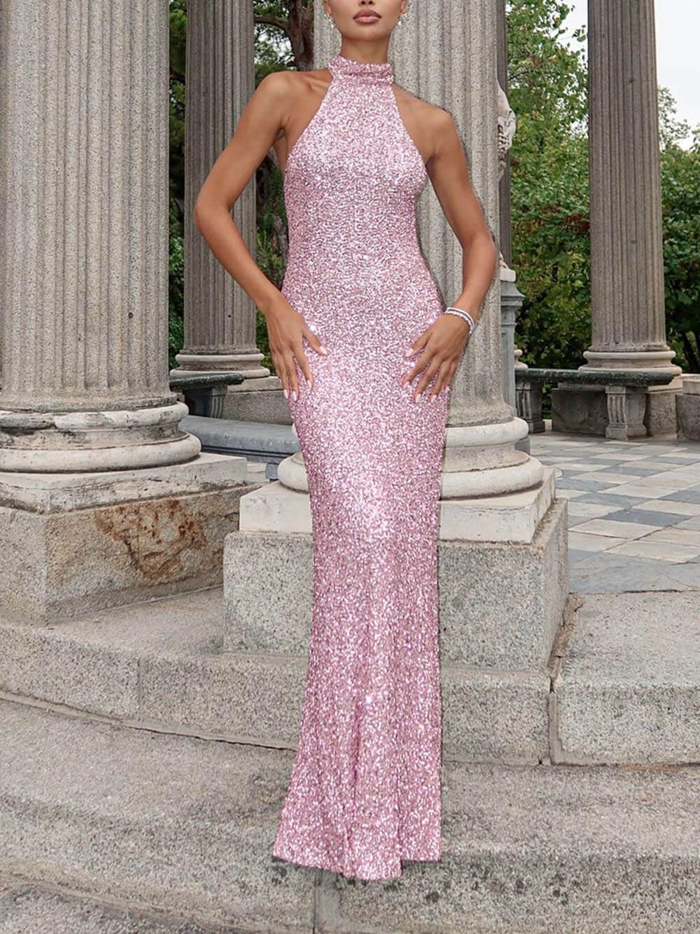 Aurohaya Elegant Sequined Backless Maxi Dress Pink