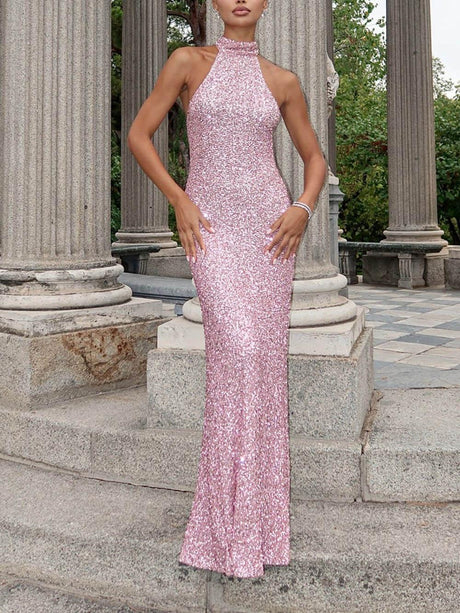Aurohaya Elegant Sequined Backless Maxi Dress Pink