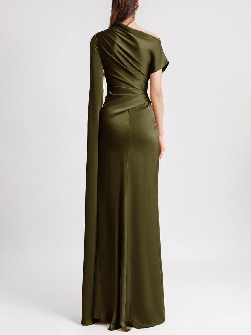 Aurohaya Elegant Irregular-sleeve Pleated Satin Maxi Dress