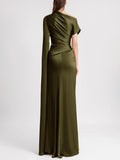 Elegant Irregular-sleeve Pleated Satin Maxi Dress