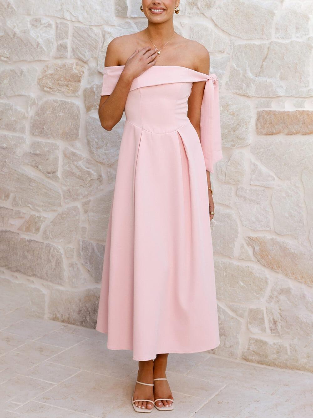 Aurohaya Elegant Off-Shoulder Tie Ruched Midi Dress