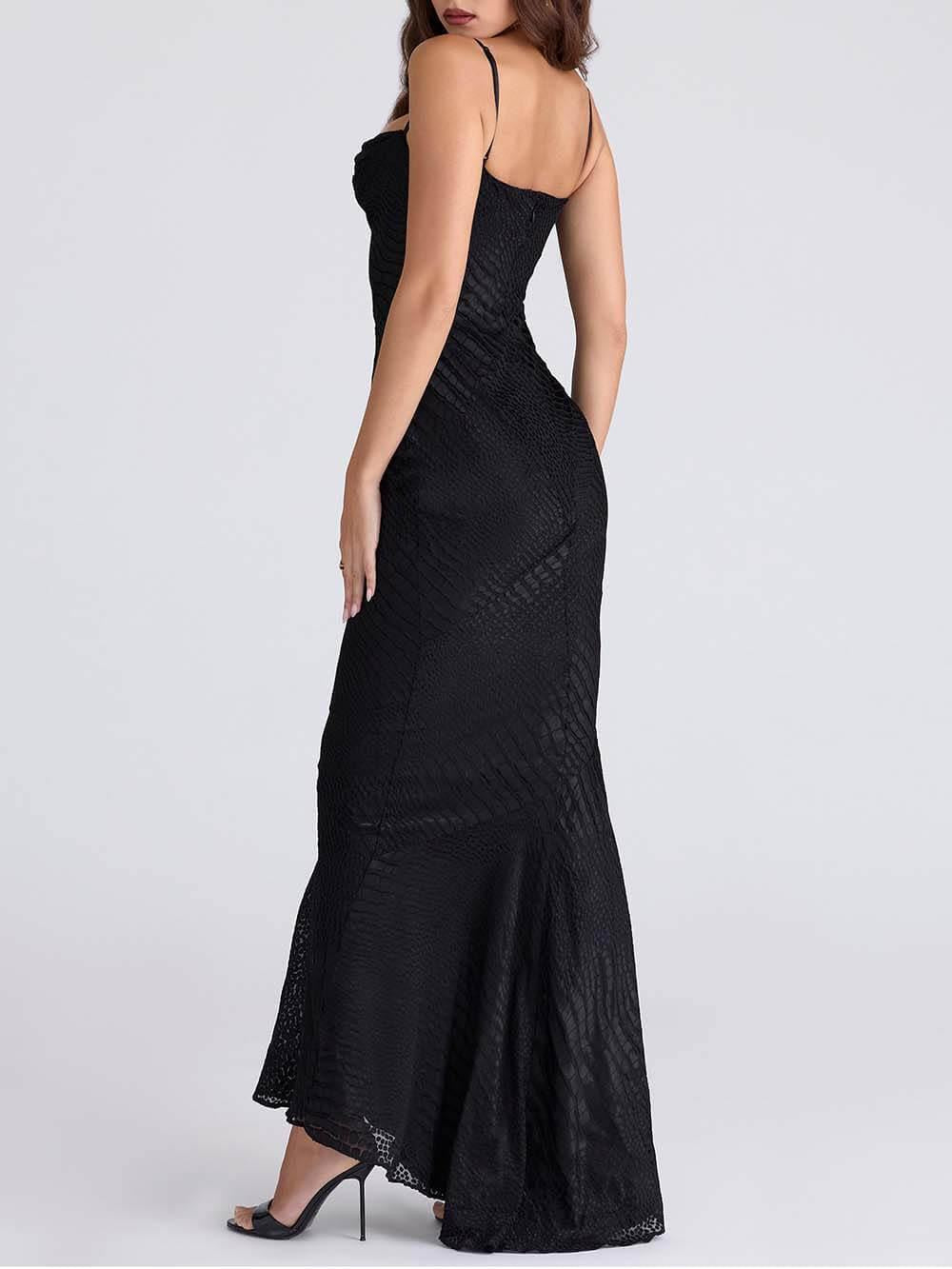 Aurohaya Elegant Low-Neck Burnout Satin Party Maxi Dress