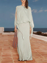 Aurohaya Elegant Striped Print Tie-Cuff Maxi Dress Green