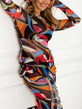 Retro Abstract Print Ruffled Mesh Slim Maxi Dress
