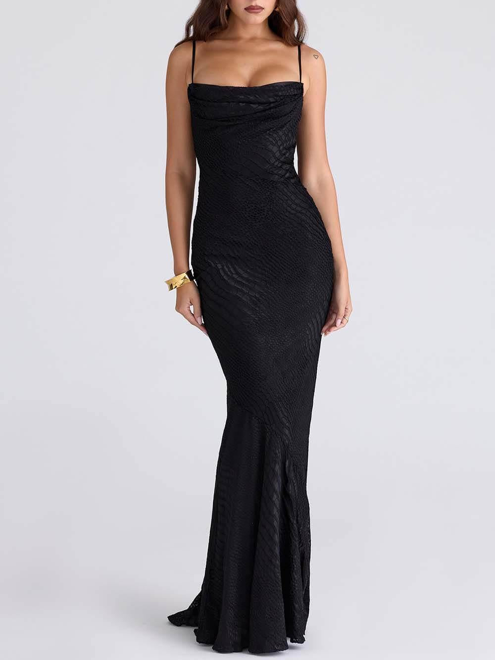 Aurohaya Elegant Low-Neck Burnout Satin Party Maxi Dress Black