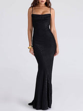 Aurohaya Elegant Low-Neck Burnout Satin Party Maxi Dress Black