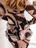 Aurohaya Retro Abstract Print Ruffled Mesh Slim Maxi Dress