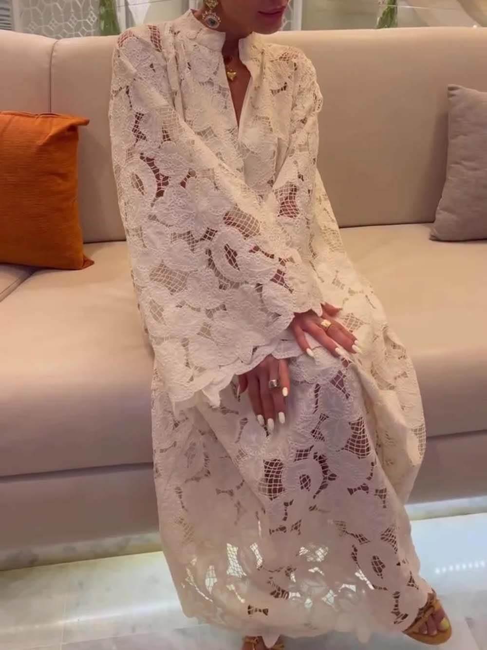 Aurohaya Casual White Long Sleeve Lace V-Neck Dress