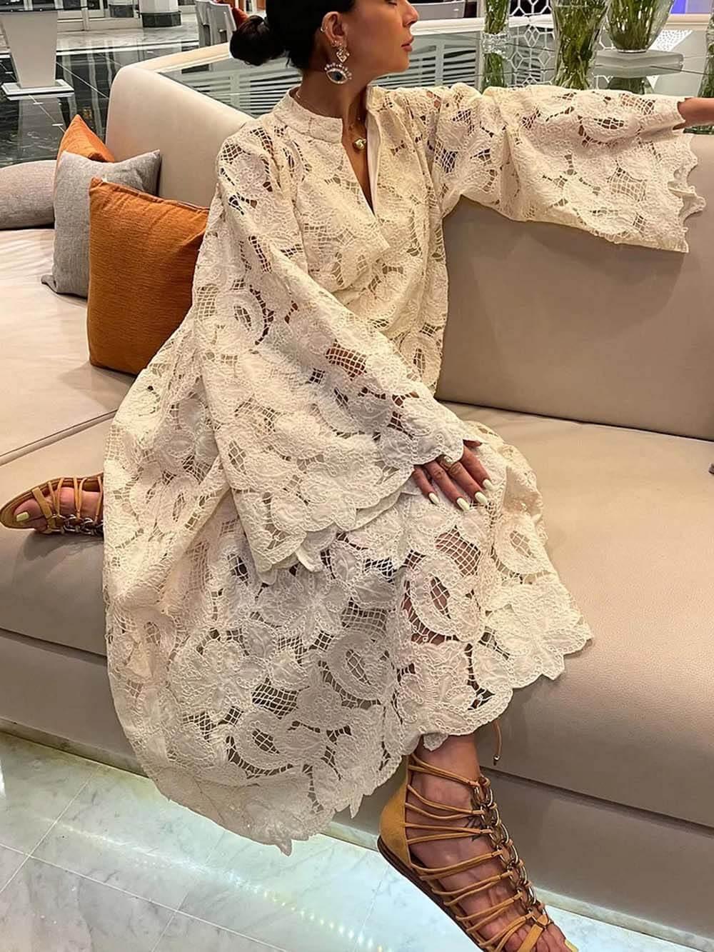 Aurohaya Casual White Long Sleeve Lace V-Neck Dress