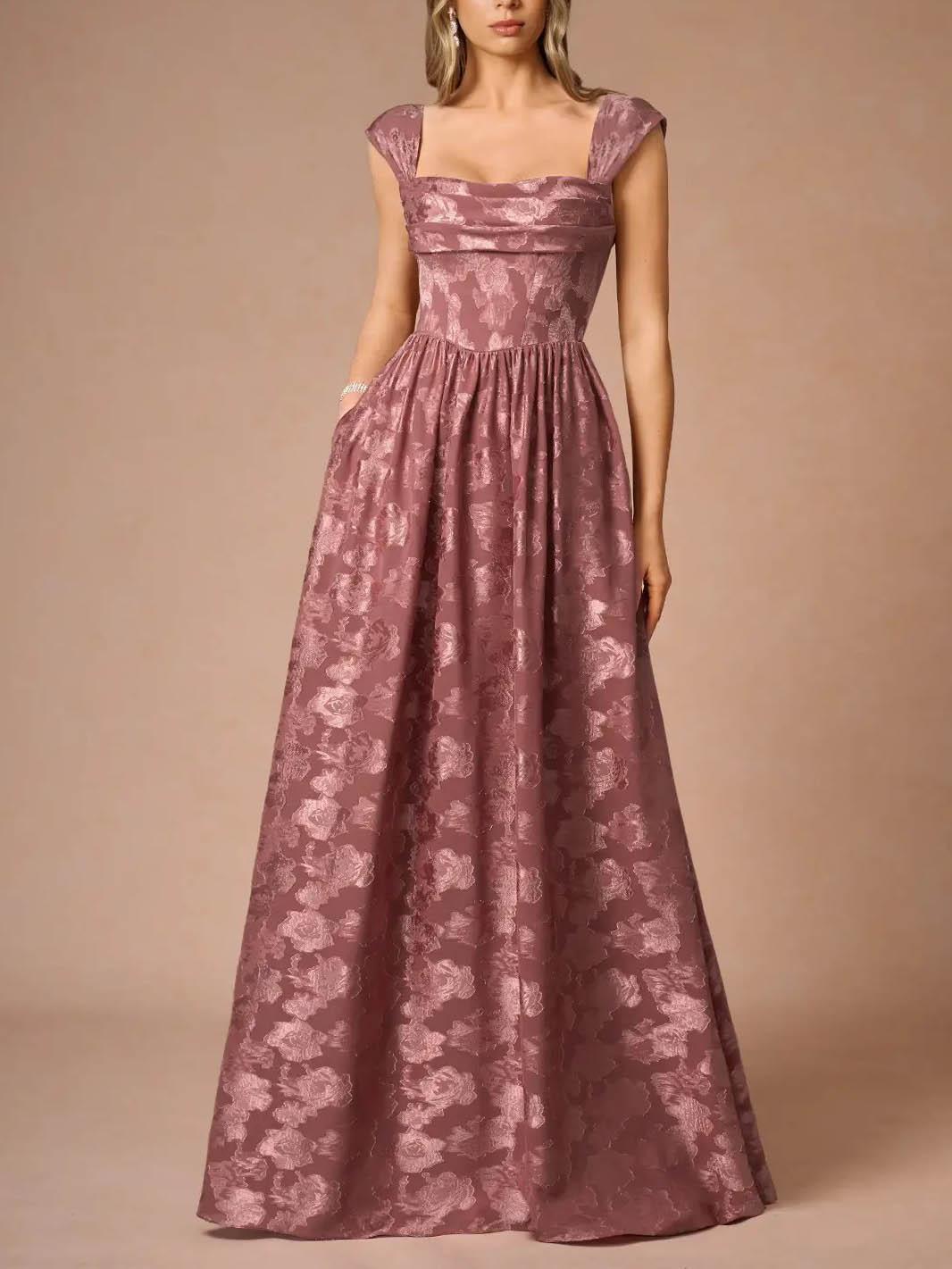 Aurohaya Elegant Drape Neck Floral A-Line Maxi Dress Pink