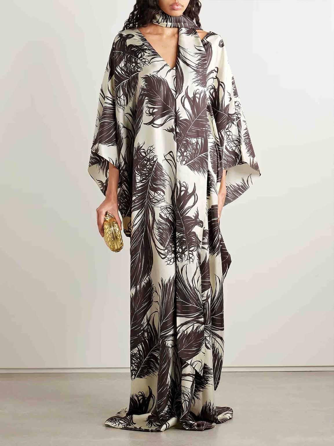 Aurohaya Elegant Satin Feather Print Batwing Sleeve Maxi Dress Cream