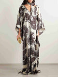 Elegant Satin Feather Print Batwing Sleeve Maxi Dress