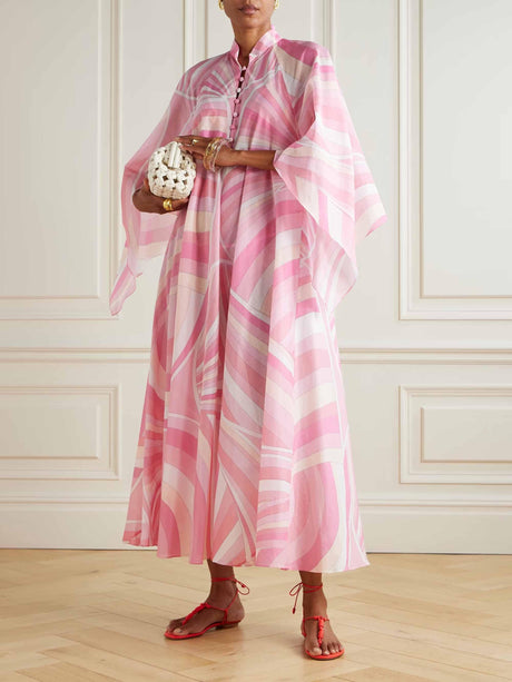 Aurohaya Exquisite Abstract Swirl Print Robe Maxi Dress Pink