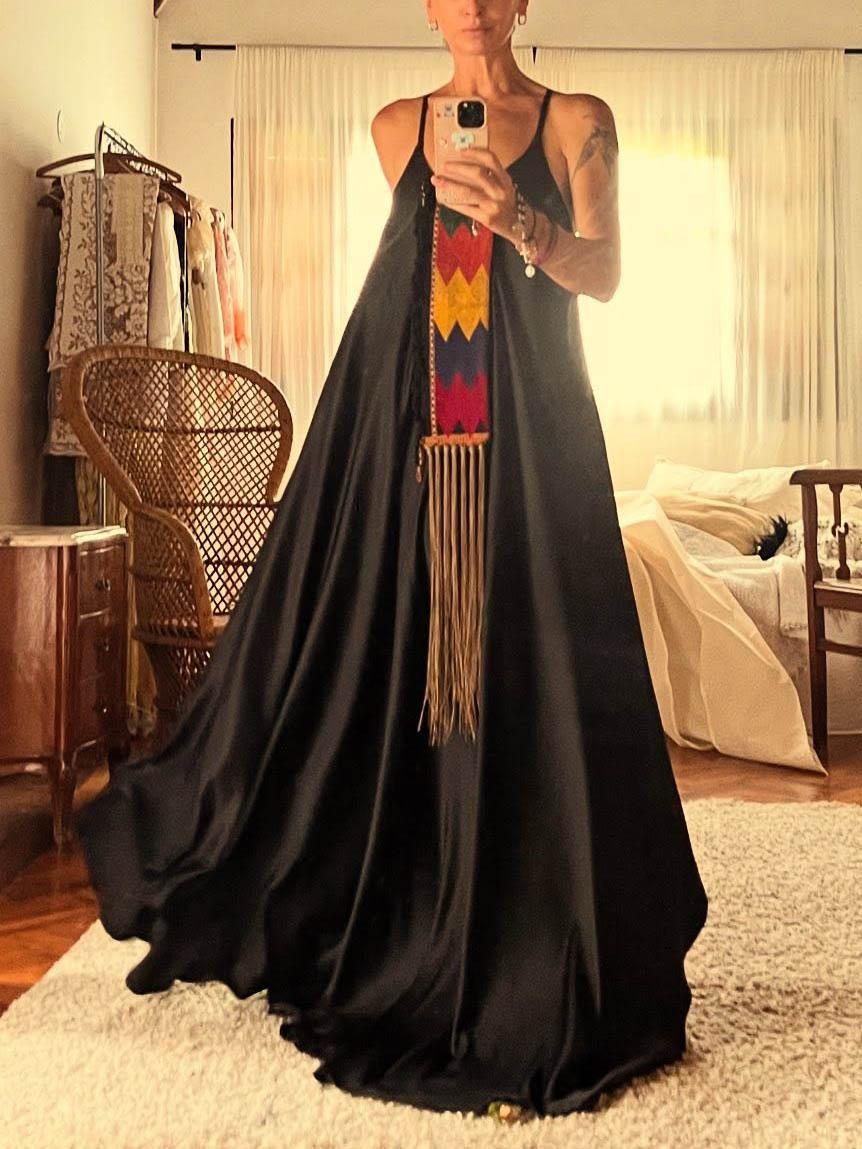 Aurohaya Casual Folk Style Printed Tassel Halter Neck Maxi Dress Black