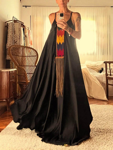 Aurohaya Casual Folk Style Printed Tassel Halter Neck Maxi Dress Black