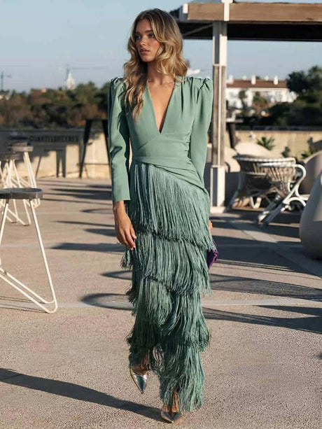 Aurohaya Elegant Tassel V-Neck Long Sleeve Maxi Dress Green