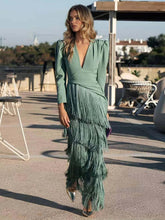 Aurohaya Elegant Tassel V-Neck Long Sleeve Maxi Dress Green