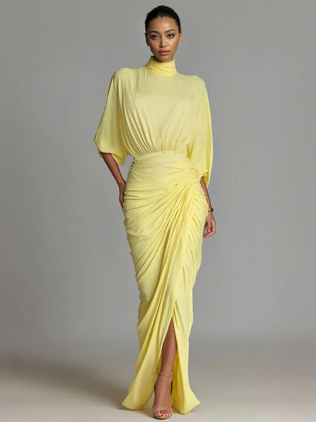 Aurohaya Elegant High-neck Half-sleeve Pleated Maxi Dress Yellow