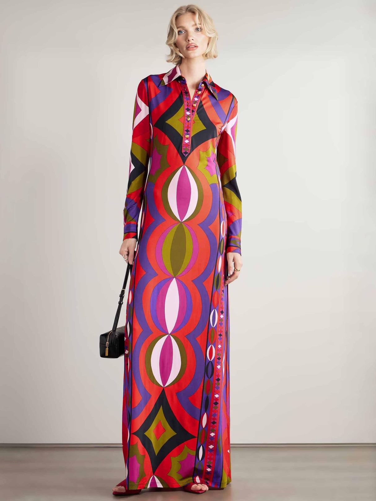 Aurohaya Unique Retro Abstract Print Shirt Collar Maxi Dress Multi