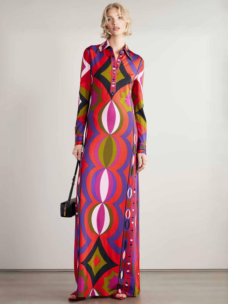 Aurohaya Unique Retro Abstract Print Shirt Collar Maxi Dress Multi