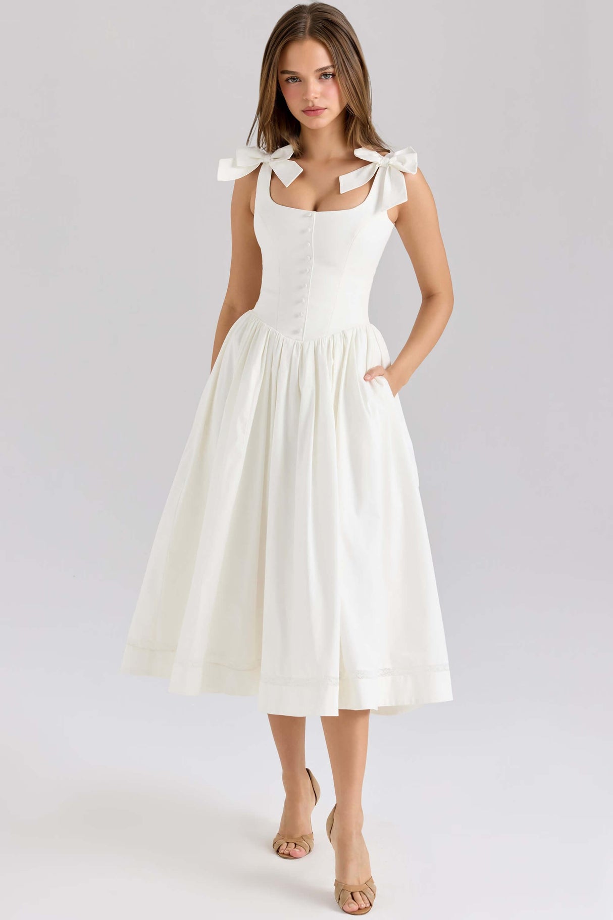 Aurohaya Retro Drape Bow Pleated Midi Dress White