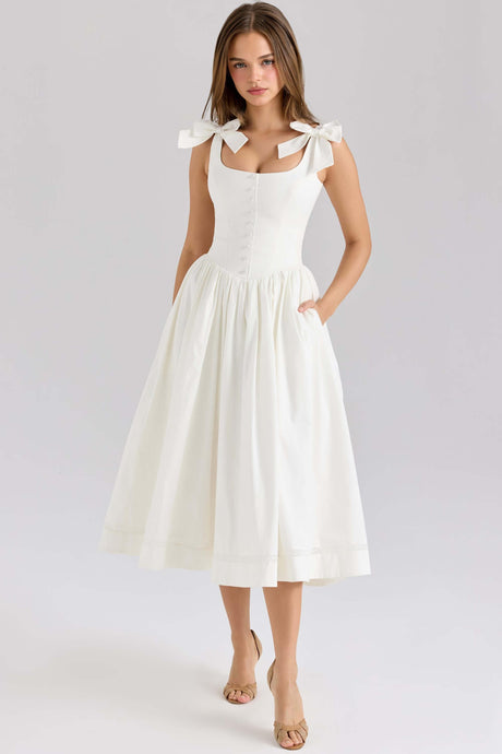Aurohaya Retro Drape Bow Pleated Midi Dress White