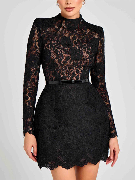 Aurohaya Elegant Floral Lace Long Sleeve Cutout Mini Dress Black