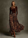 Retro Stretch Velvet Top And Paisley Print Maxi Skirt Set