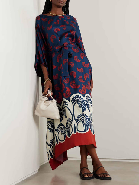 Aurohaya Unique Floral Print Belted Maxi Dress Blue