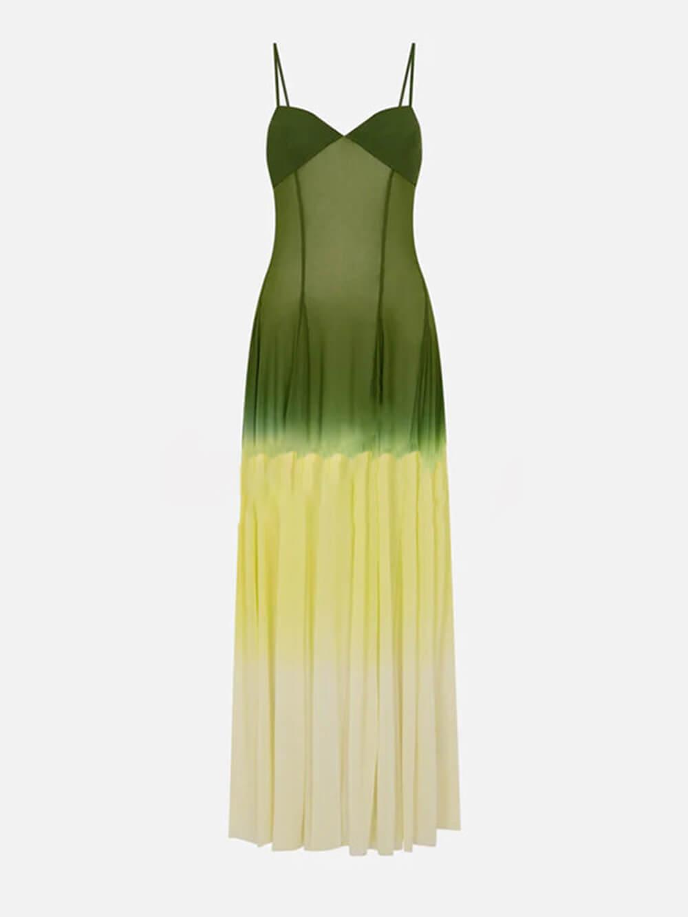 Aurohaya Exquisite See-through Tulle Ombre Print Slip Maxi Dress