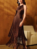 Fashion Elegant Sleeveless Halter Neck Tassel Slim Maxi Dress