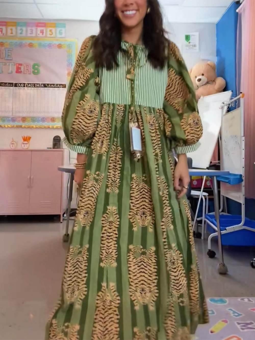 Aurohaya Unique Tiger Print Midi Dress Green