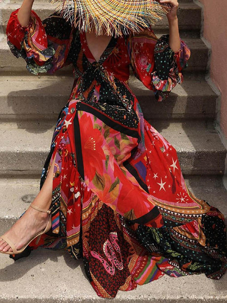 Aurohaya Bohemian Floral Print Patchwork Buckle Flounce V Neck Maxi Dress