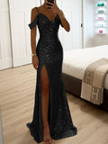 Elegant V-Neck Sequin Side-Slit Sleeveless Gown Maxi Dress