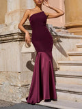 Aurohaya Elegant One-Shoulder Maroon Panel Mermaid Maxi Dress Burgundy