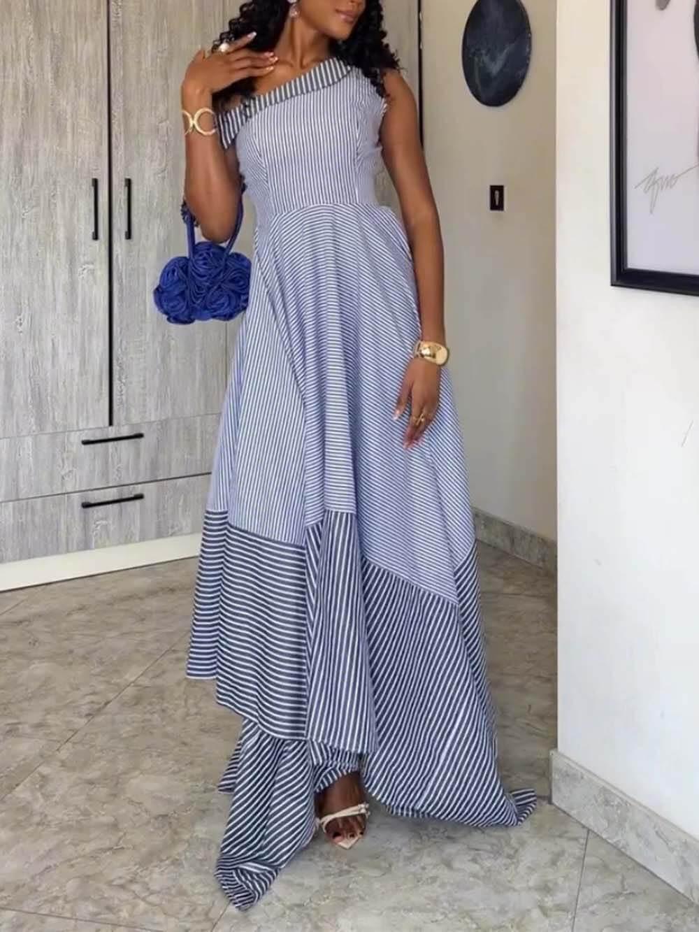 Aurohaya Classic Stripe Print One-Shoulder Asymmetrical Maxi Dress