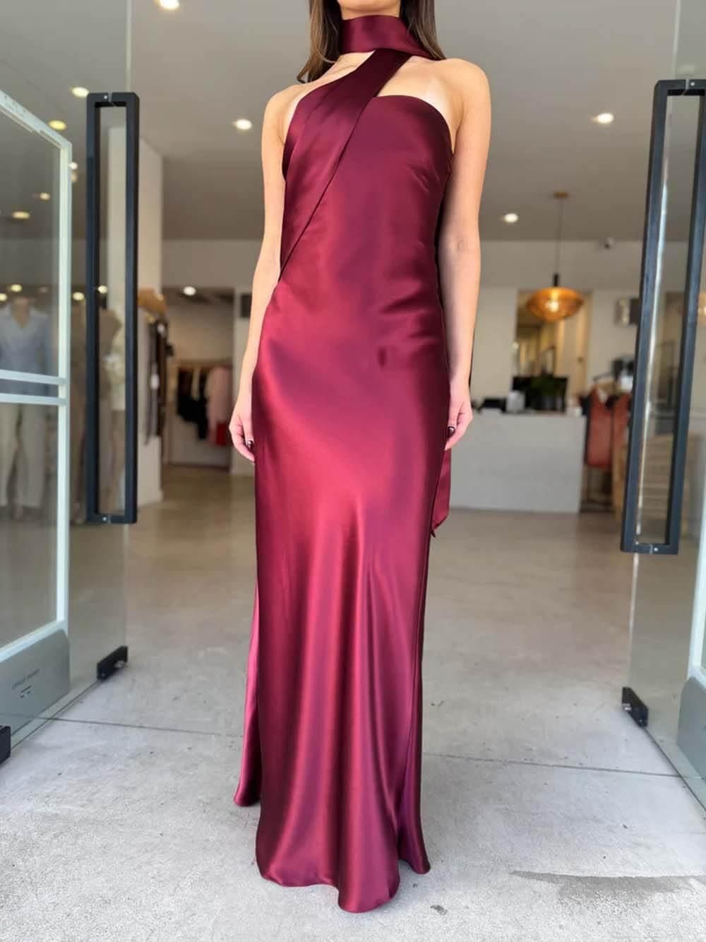 Aurohaya Elegant Satin Tie-Detail Party Maxi Dress