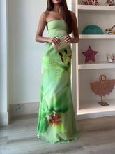 Aurohaya Elegant Satin Unique Floral Print Off Shoulder Maxi Dress Green