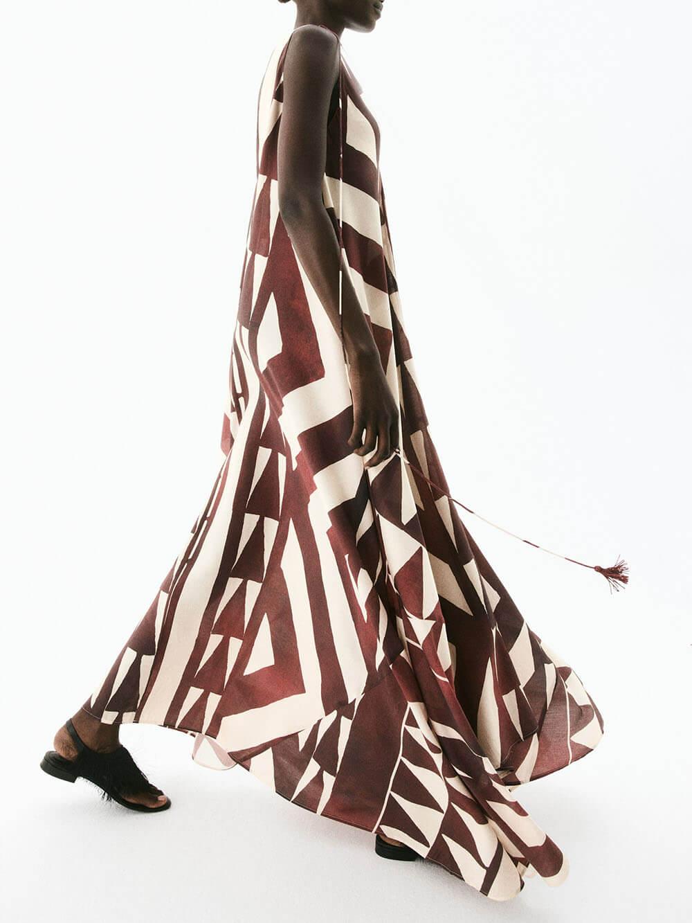 Aurohaya Casual V-Neck Printed Tie-Waist Loose Sleeveless Flowy Maxi Dress
