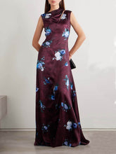 Asymmetrical Floral-Print Satin Maxi Dress