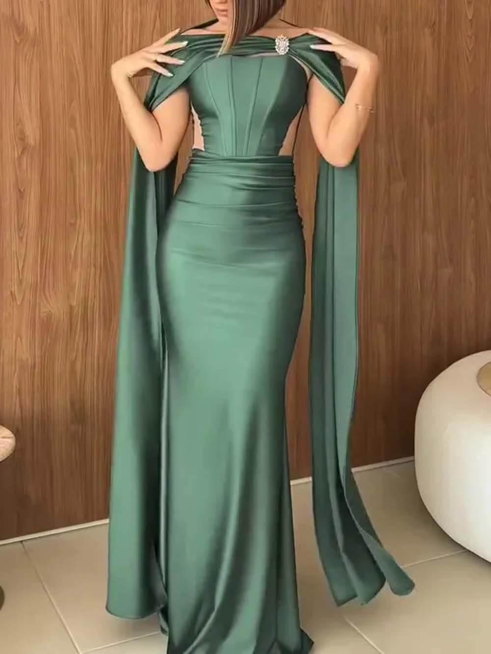 Aurohaya Elegant Strapless Cape Evening Maxi Dress