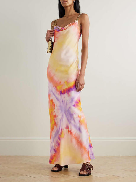 Aurohaya Exquisite Chain-Embellished Tie-Dye Satin Maxi Dress Orange